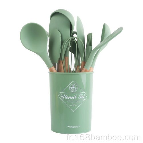 Ensembles d'ustensiles de cuisine de cuisine en silicone manche en bambou